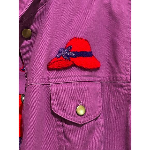 Womens Purple Denim Jacket Coat Red Hat Unique 3D chenille Glam Hattitude sz 26 - Picture 4 of 11